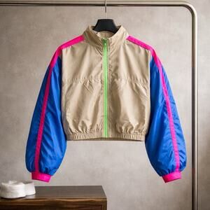 Fabletics Colorblock Windbreaker Jacket Cropped Retro Neon Athletic Womens L